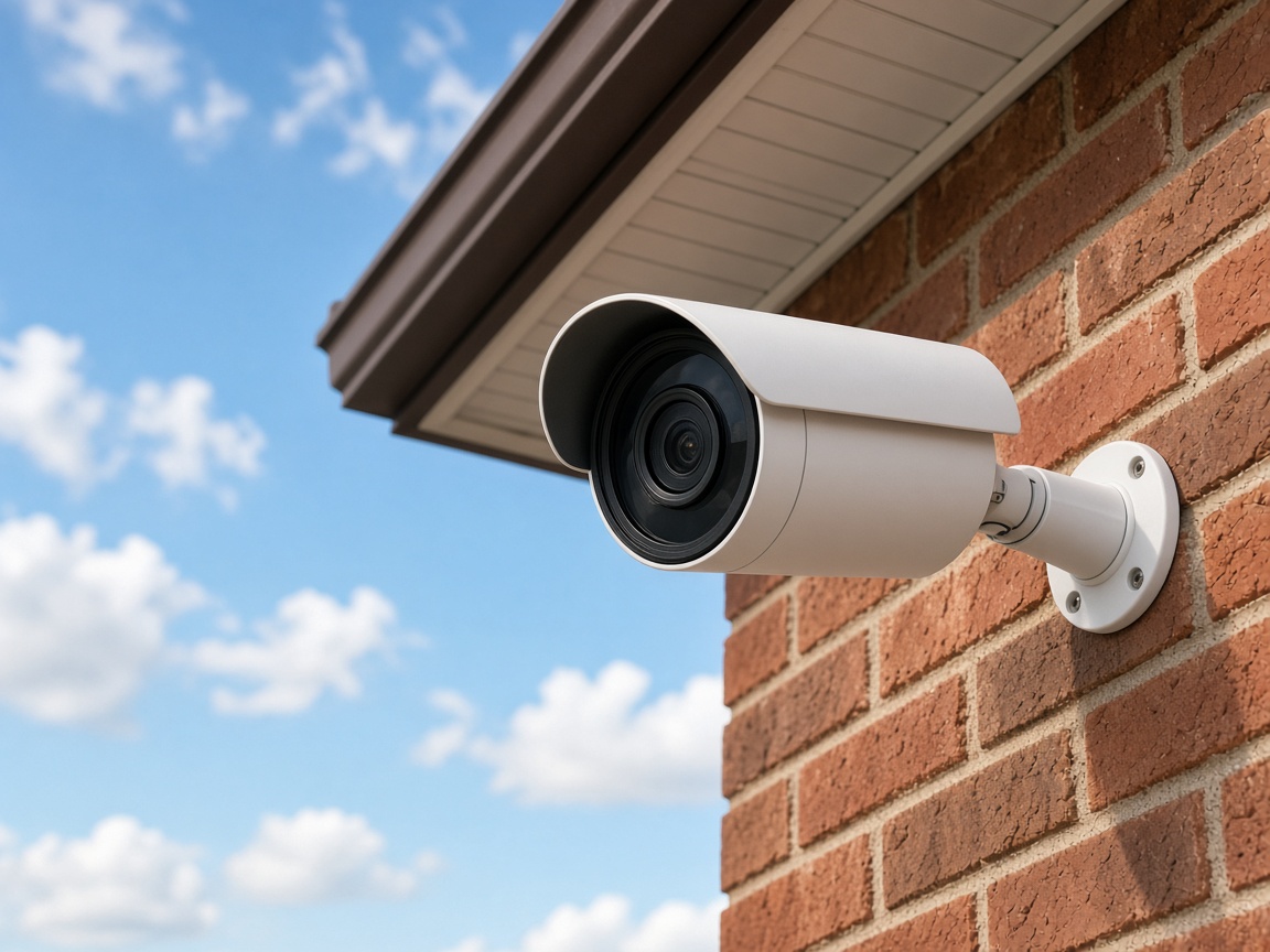 White outdoor camera mounted under the eave of a brick home