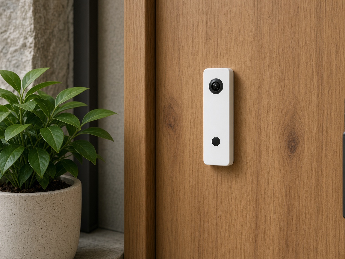 White video doorbell on a wooden front door